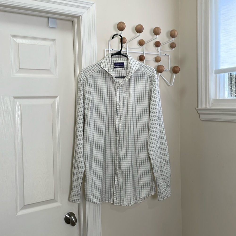 Ralph Lauren Purple Label Long Sleeve Wingtip Colla Button Down Cream / Blue L